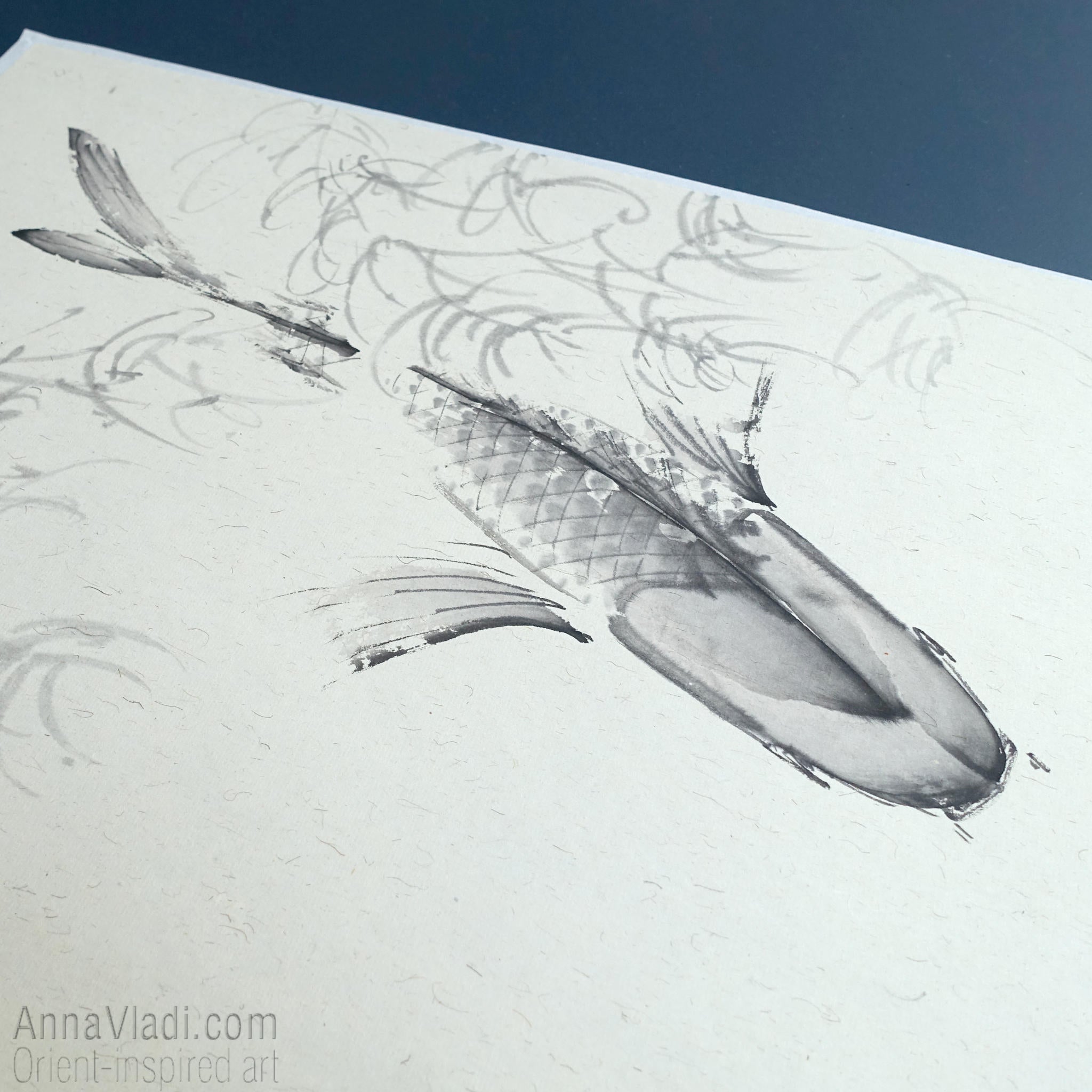 Koi Fish Sumi-e Painting – Original Japanese Ink Art