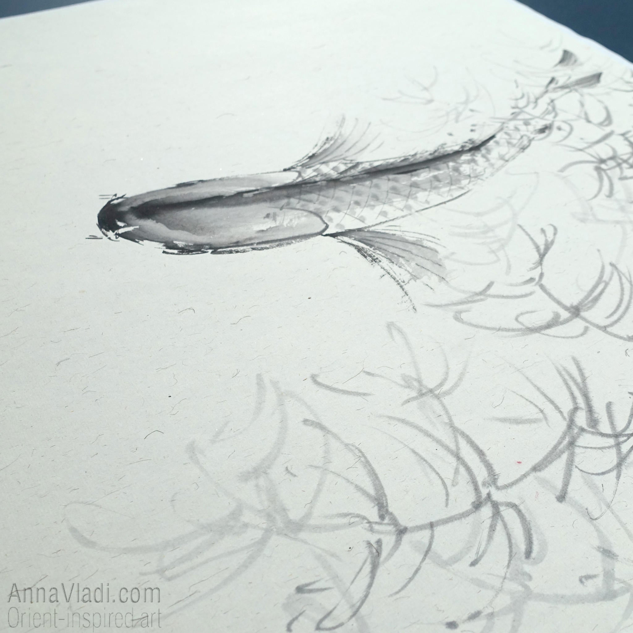 Koi Fish Sumi-e Painting – Original Japanese Ink Art