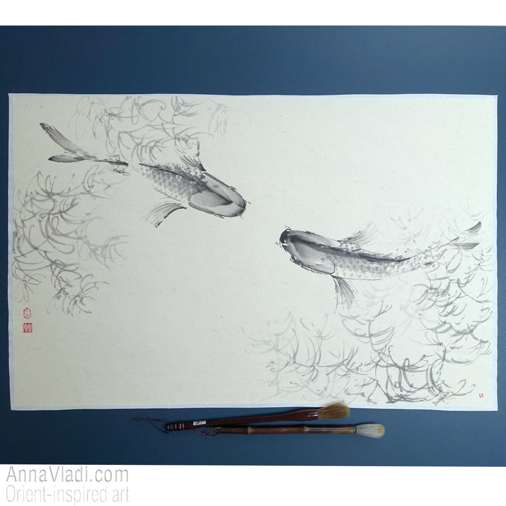 Koi Fish Sumi-e Painting – Original Japanese Ink Art