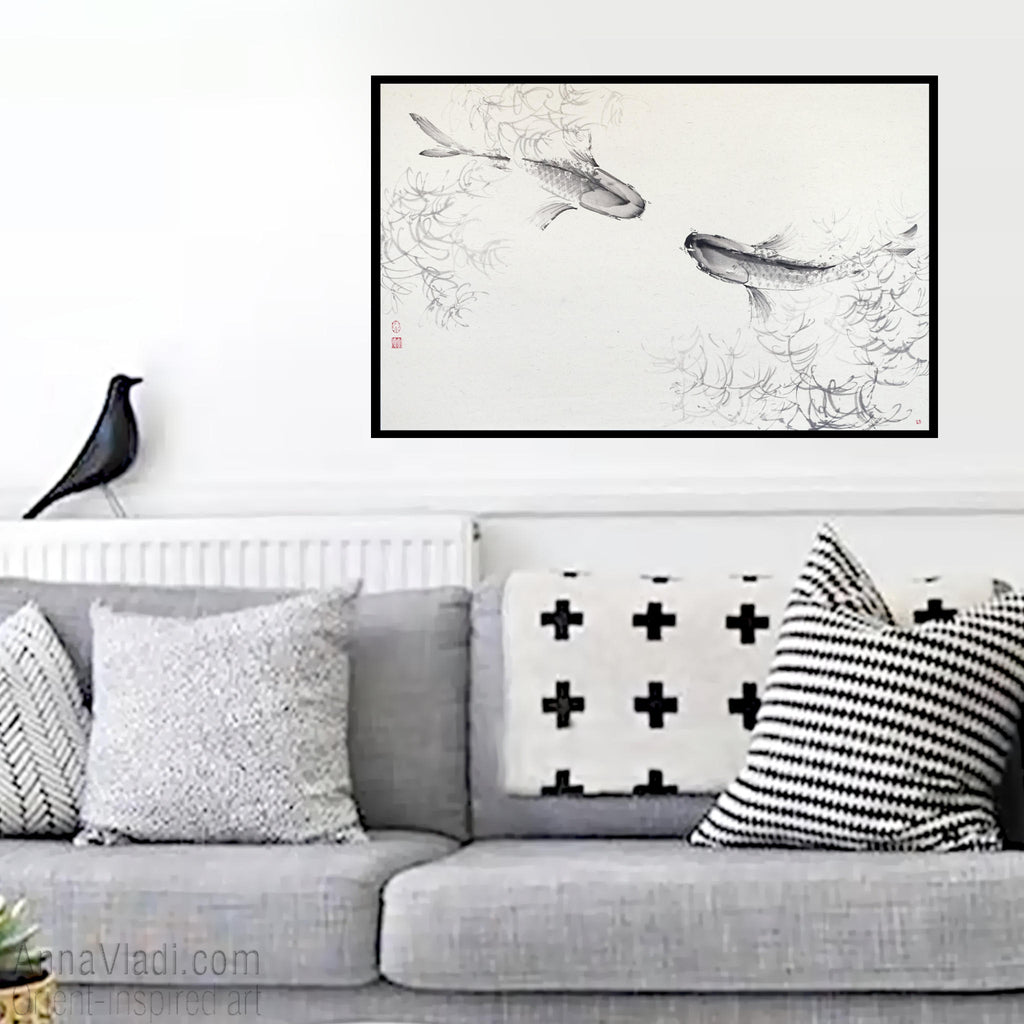 Koi Fish Sumi-e Painting – Original Japanese Ink Art