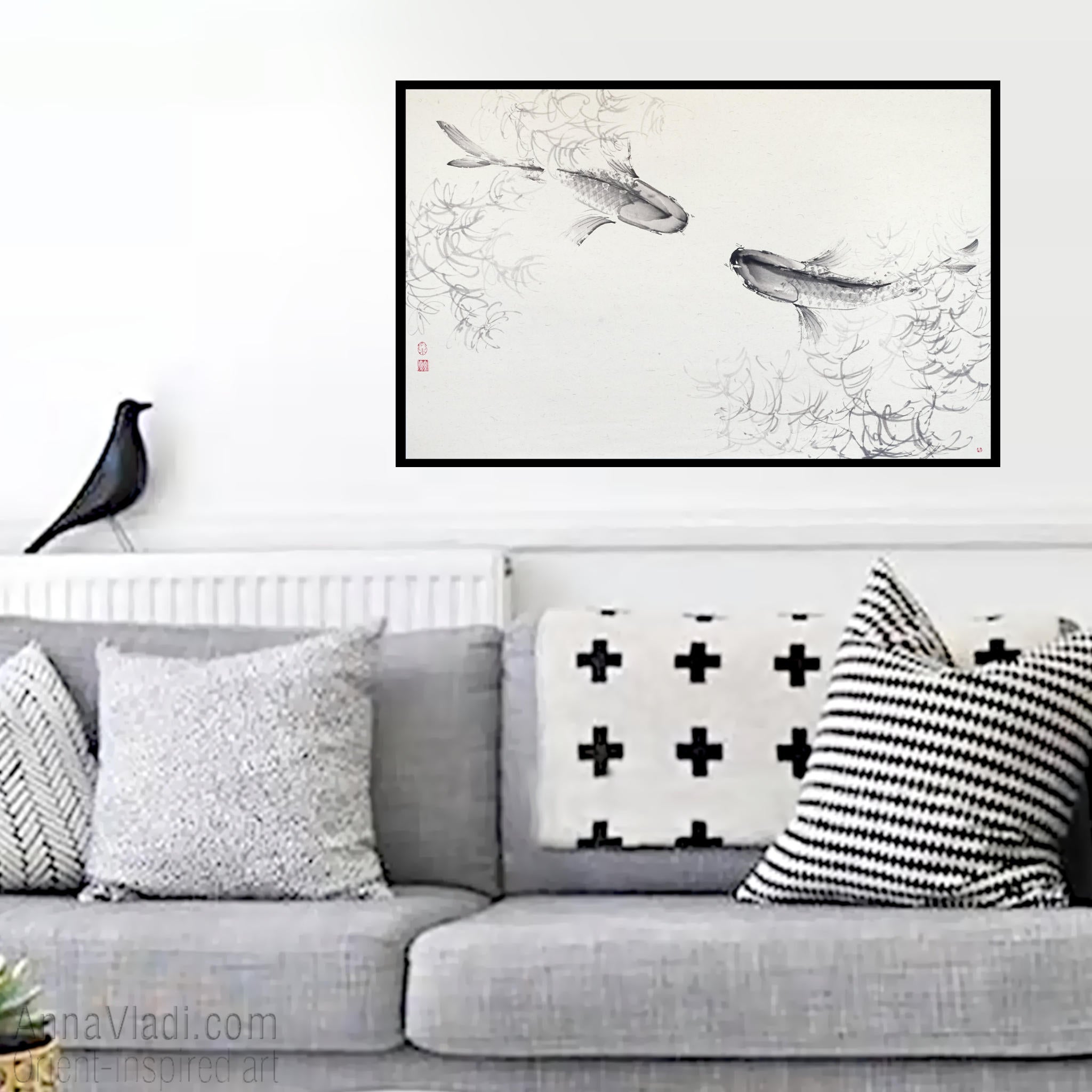 Koi Fish Sumi-e Painting – Original Japanese Ink Art