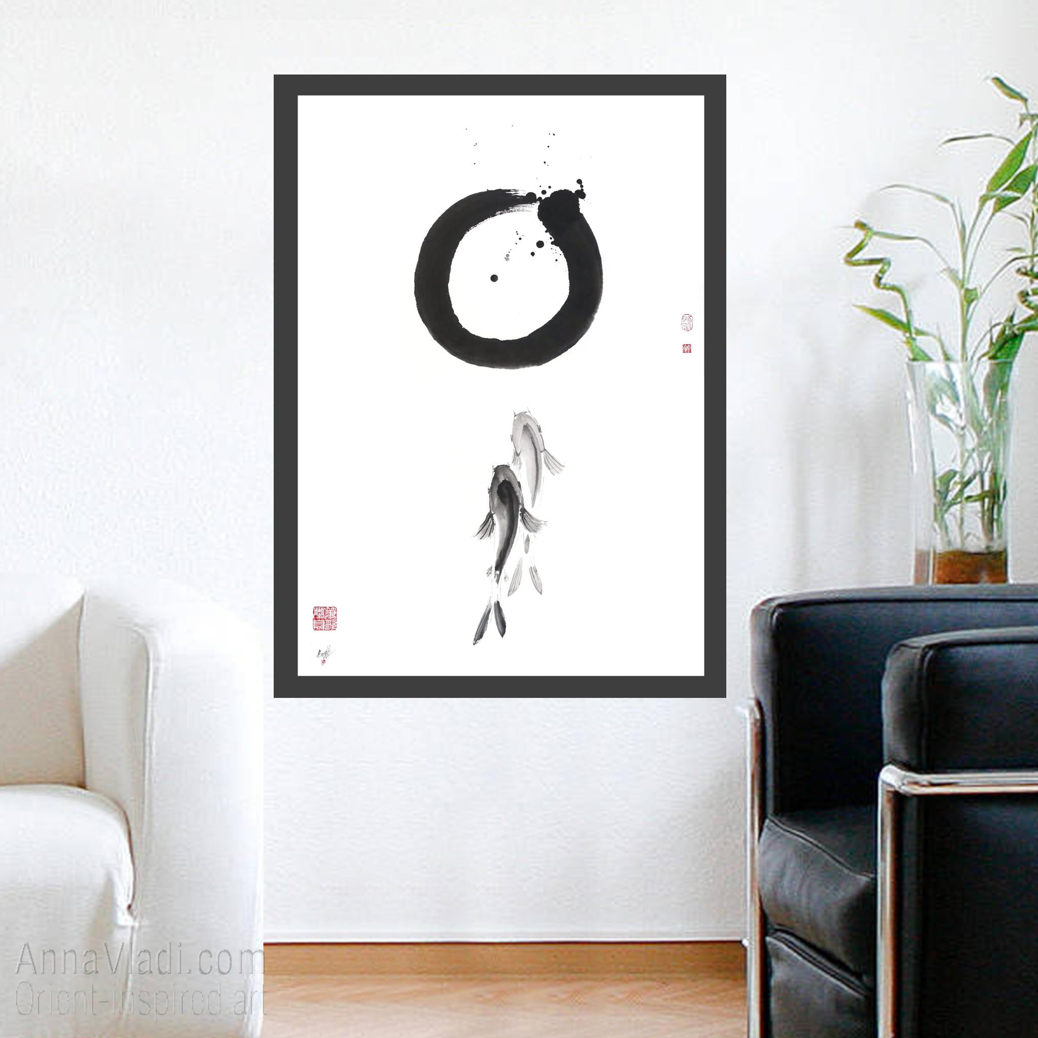 Enso Zen Circle and Two Koi Sumi-e Painting