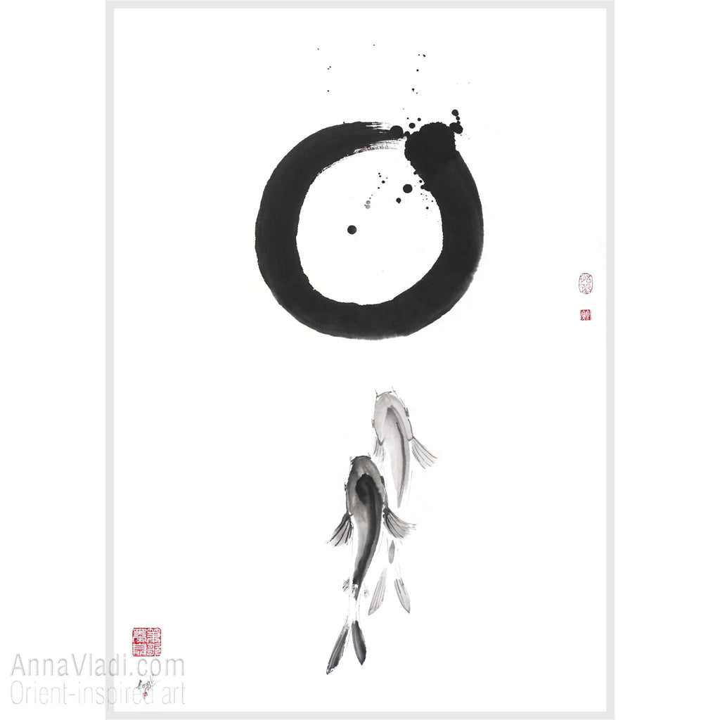 Enso Zen Circle and Two Koi Sumi-e Painting