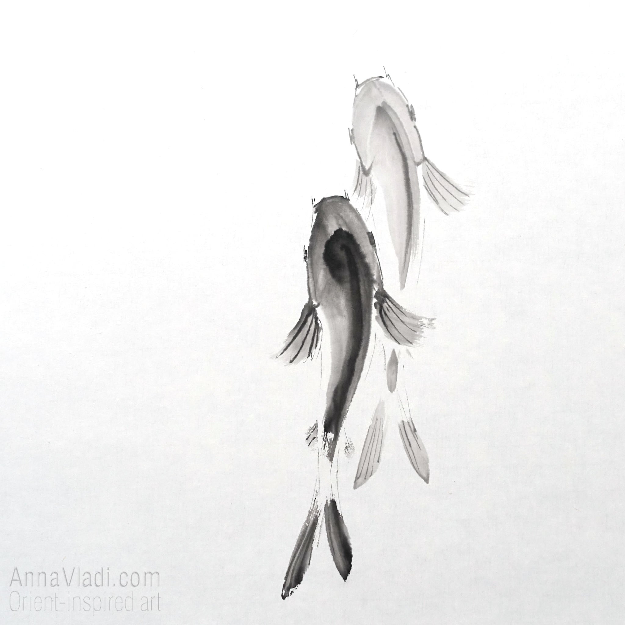 Enso Zen Circle and Two Koi Sumi-e Painting