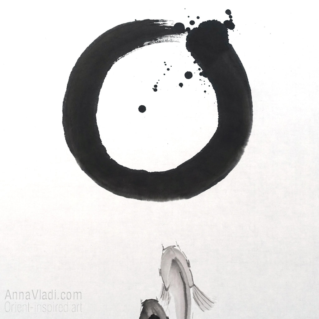 Enso Zen Circle and Two Koi Sumi-e Painting