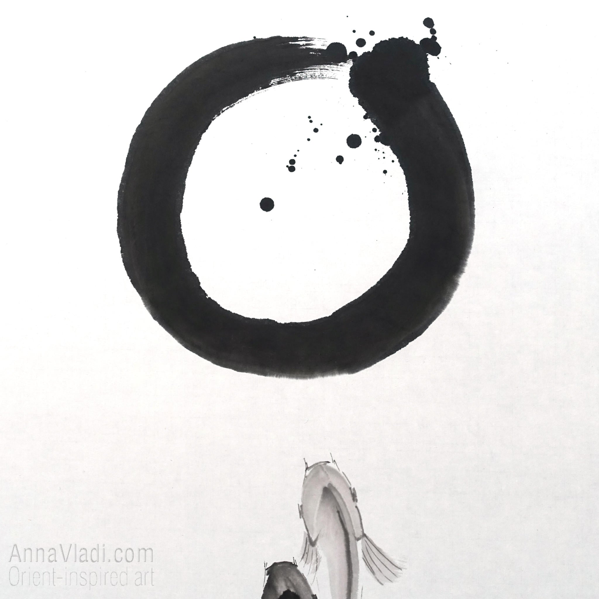 Enso Zen Circle and Two Koi Sumi-e Painting