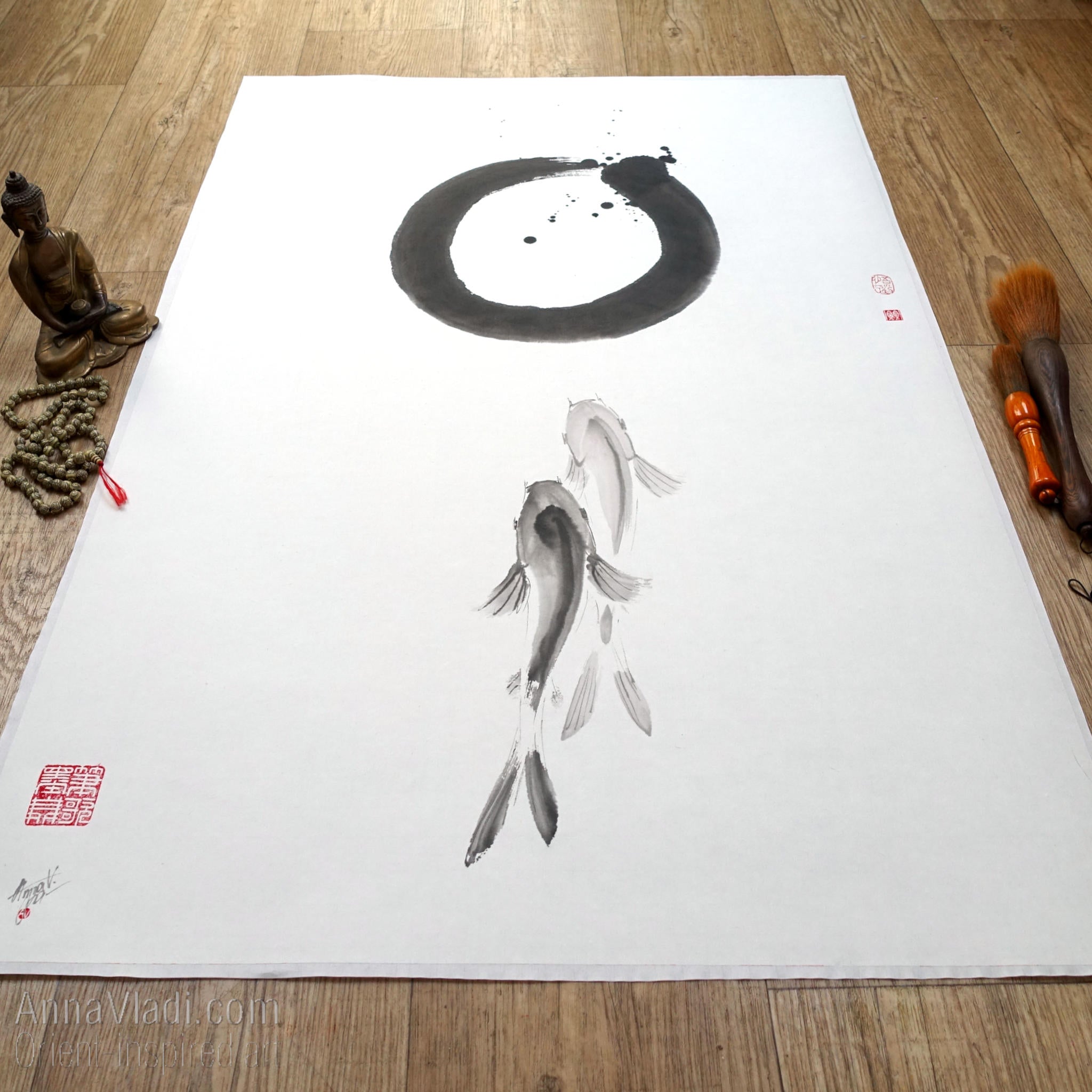 Enso Zen Circle and Two Koi Sumi-e Painting