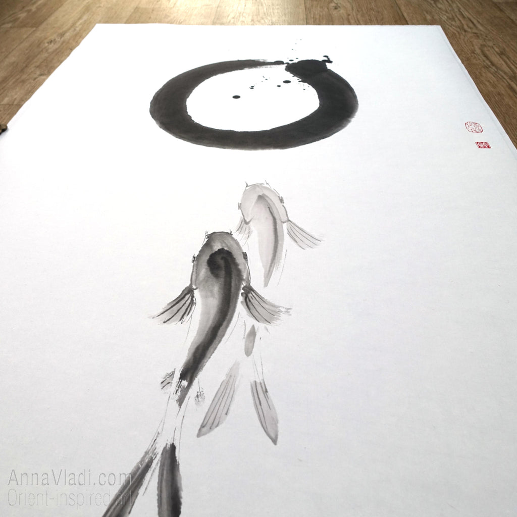 Enso Zen Circle and Two Koi Sumi-e Painting