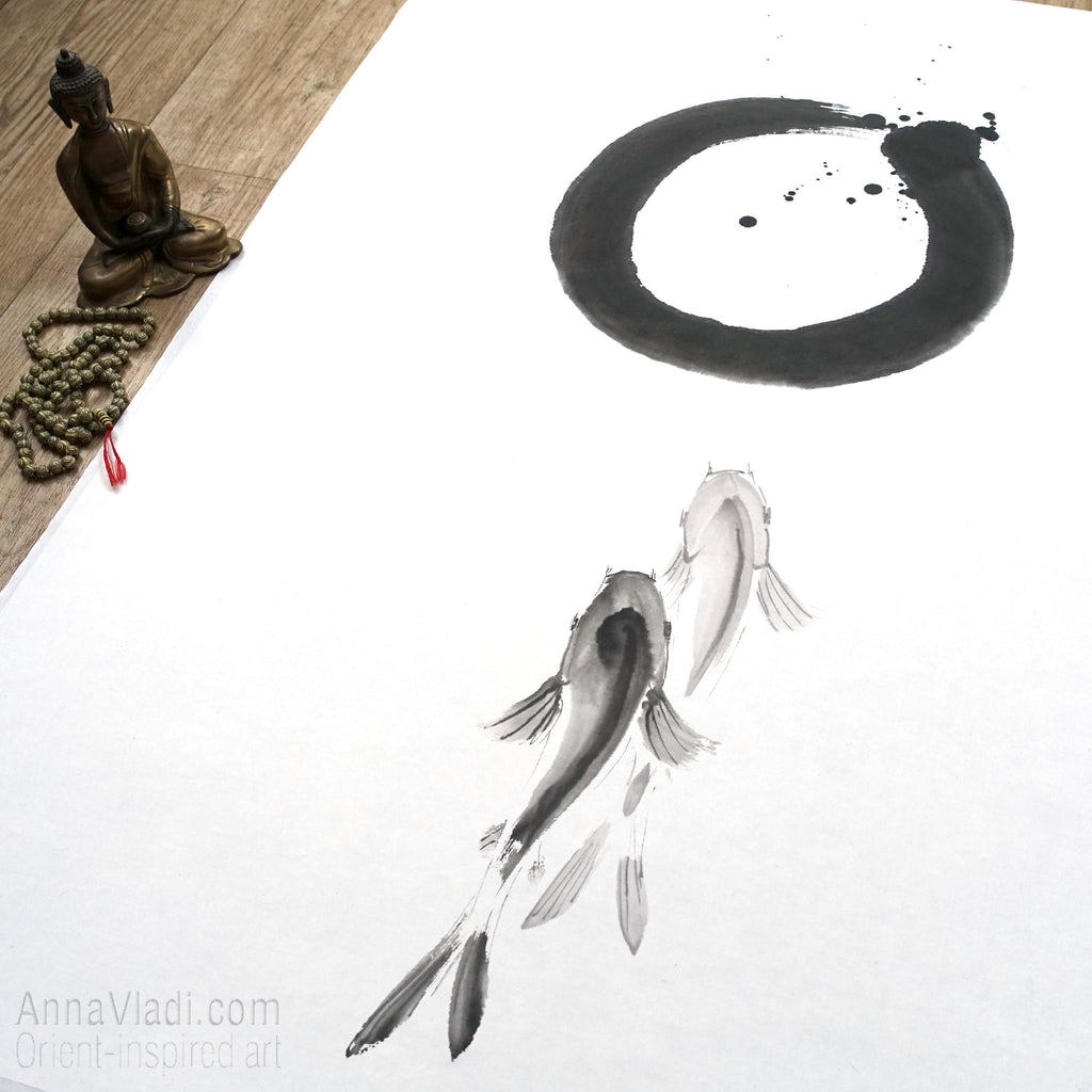 Enso Zen Circle and Two Koi Sumi-e Painting