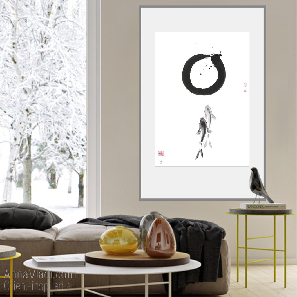 Enso Zen Circle and Two Koi Sumi-e Painting