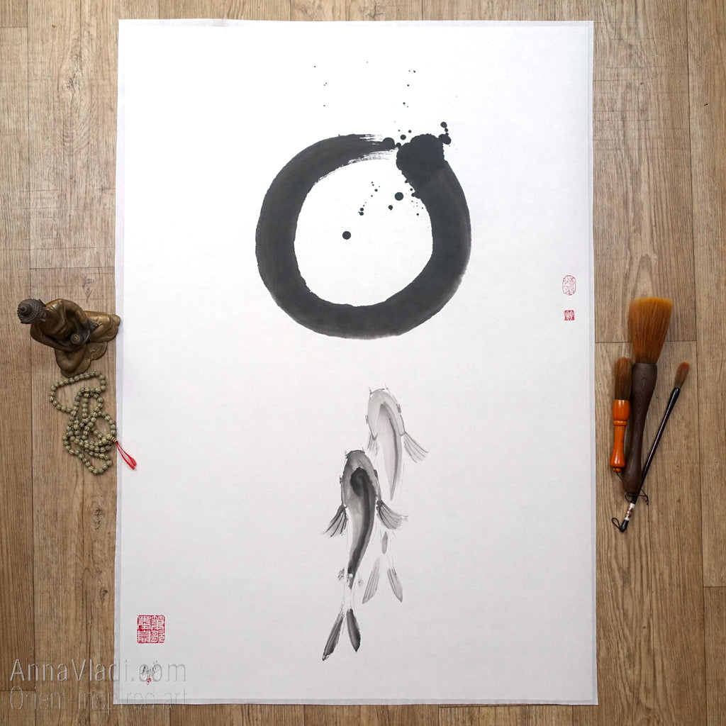 Enso Zen Circle and Two Koi Sumi-e Painting