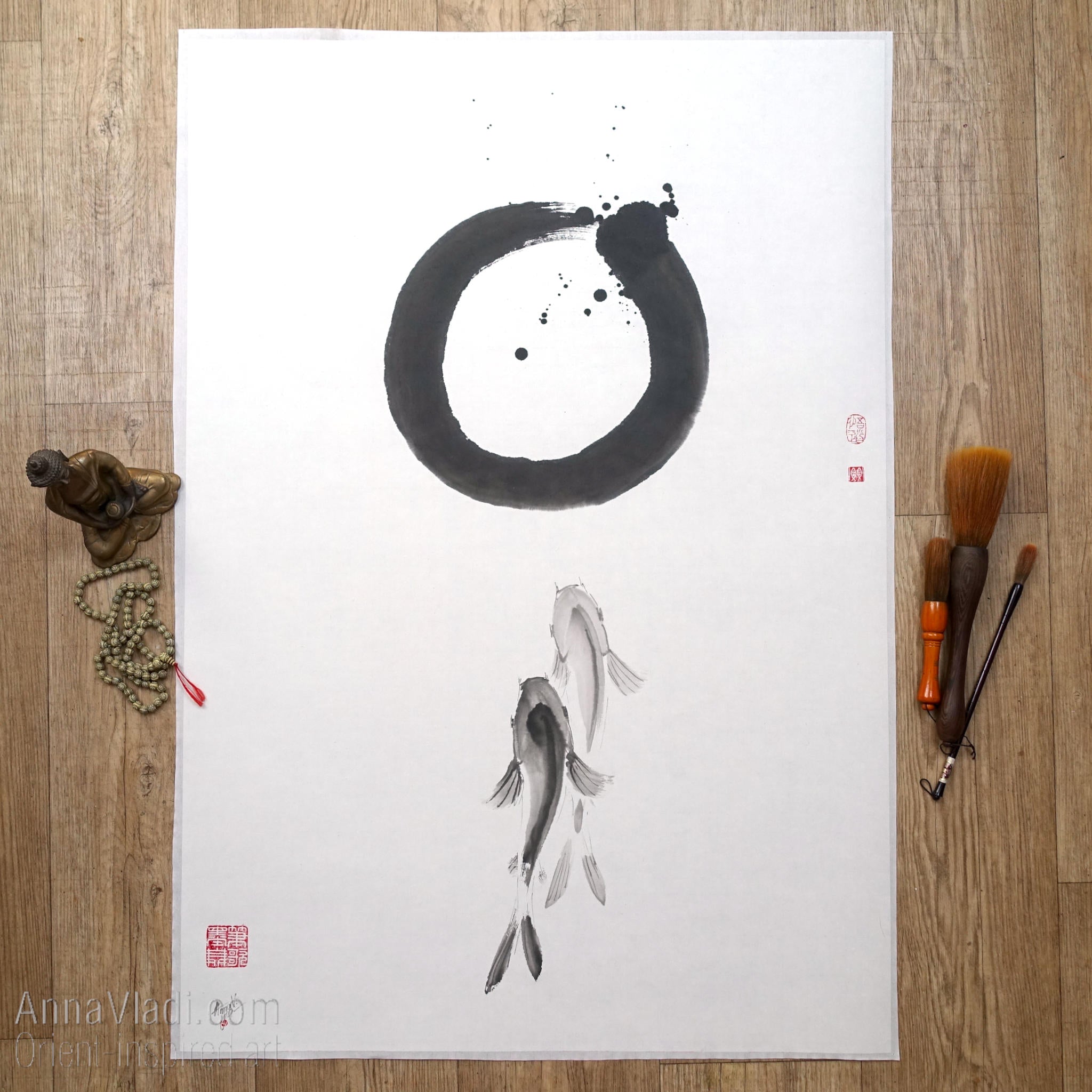 Enso Zen Circle and Two Koi Sumi-e Painting