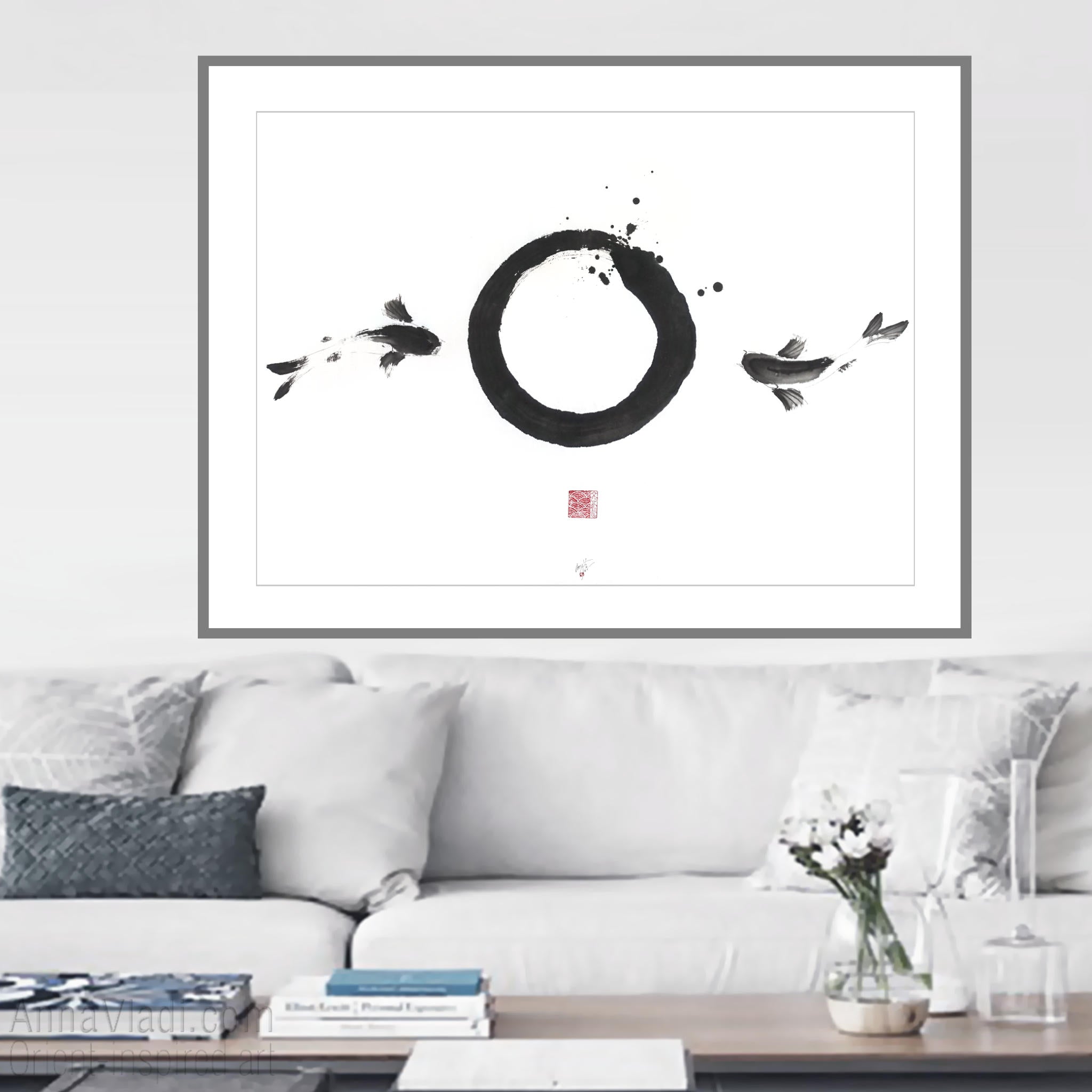 Enso Zen Circle and Two Koi Painting: Sumi-e Japanese Ink Art