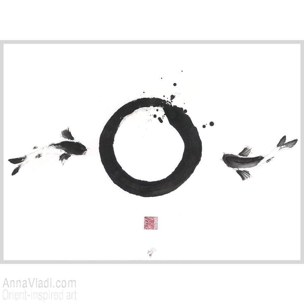 Enso Zen Circle and Two Koi Painting: Sumi-e Japanese Ink Art