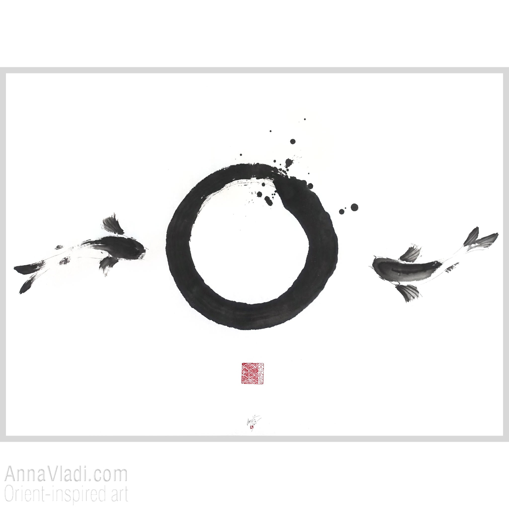 Enso Zen Circle and Two Koi Painting: Sumi-e Japanese Ink Art