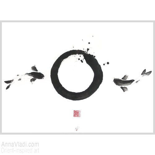 Enso Zen Circle and Two Koi Painting: Sumi-e Japanese Ink Art