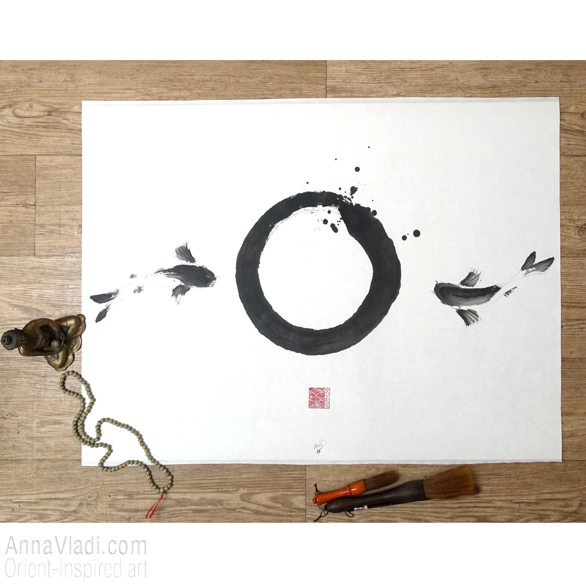 Enso Zen Circle and Two Koi Painting: Sumi-e Japanese Ink Art