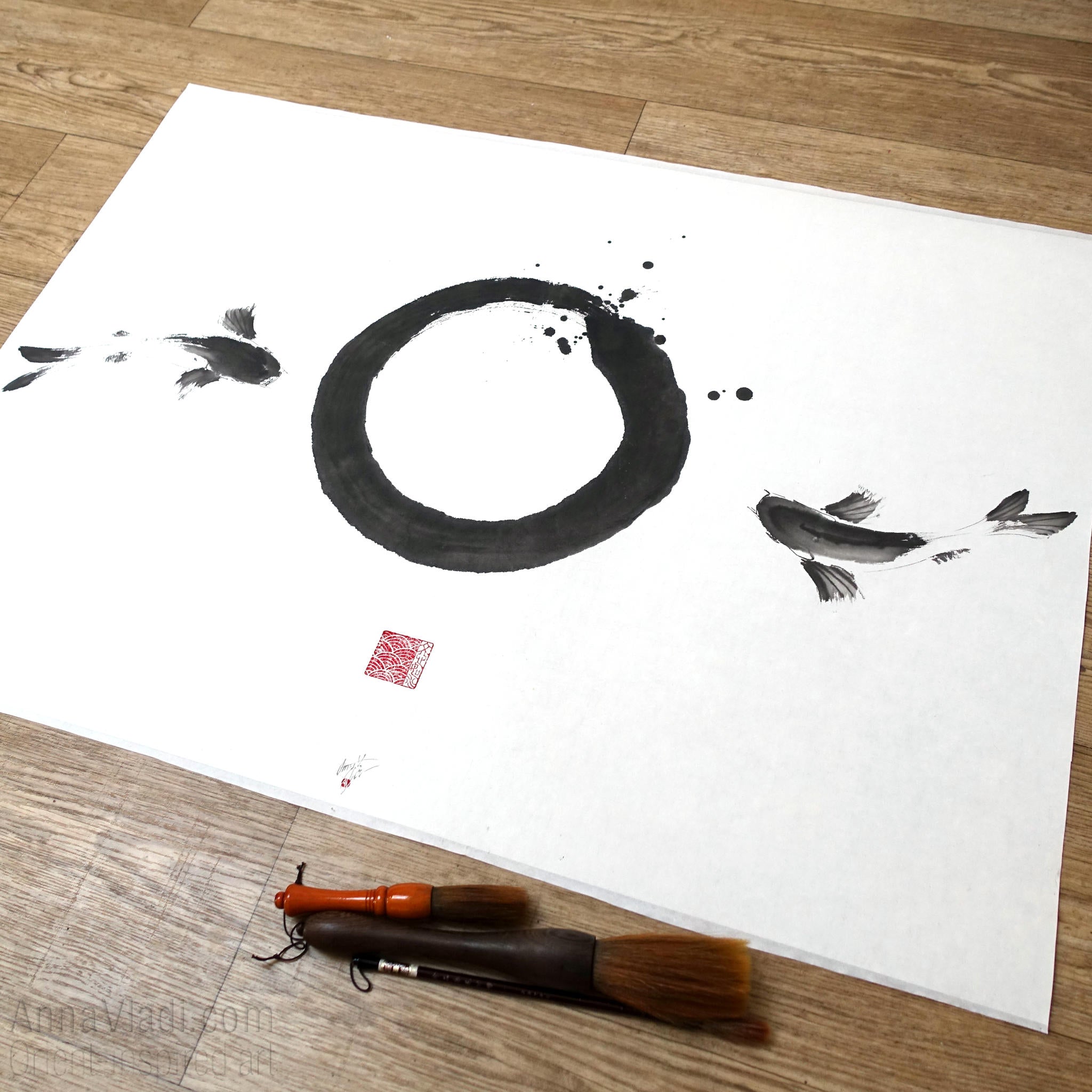 Enso Zen Circle and Two Koi Painting: Sumi-e Japanese Ink Art