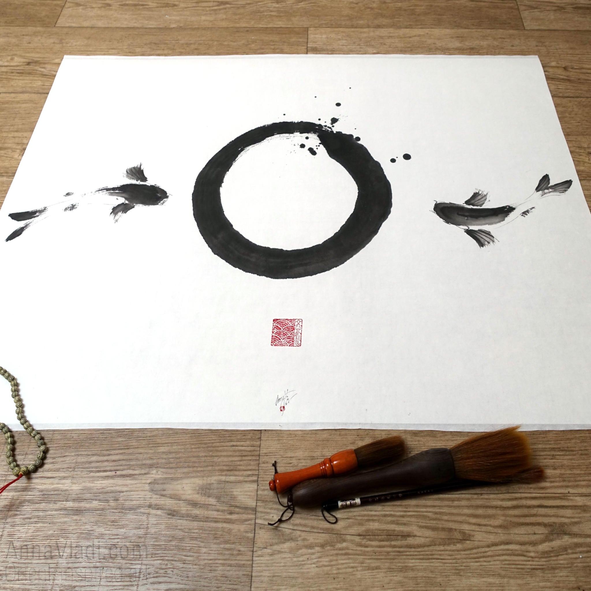 Enso Zen Circle and Two Koi Painting: Sumi-e Japanese Ink Art