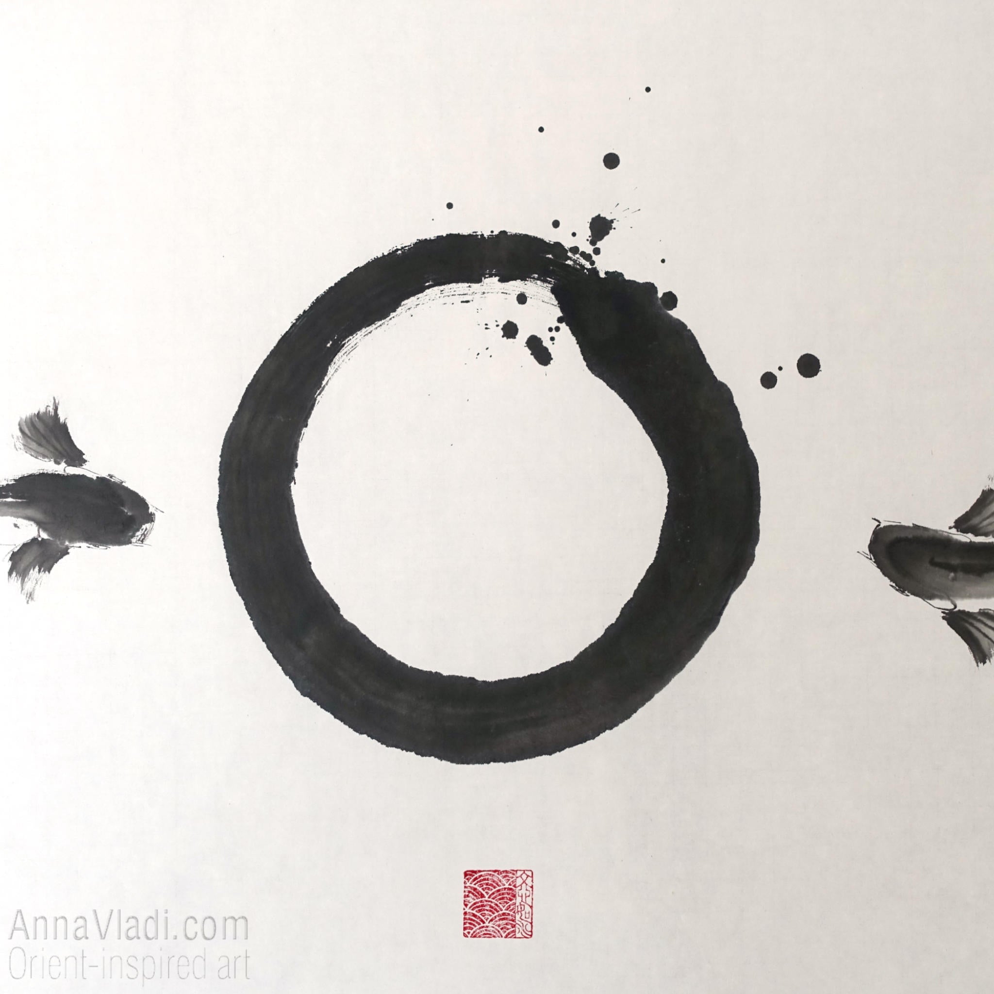 Enso Zen Circle and Two Koi Painting: Sumi-e Japanese Ink Art