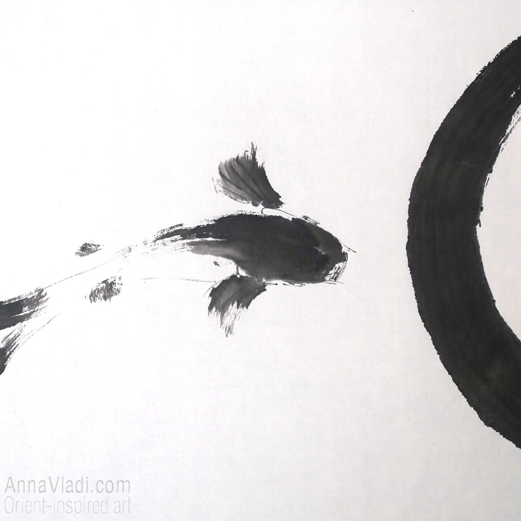 Enso Zen Circle and Two Koi Painting: Sumi-e Japanese Ink Art