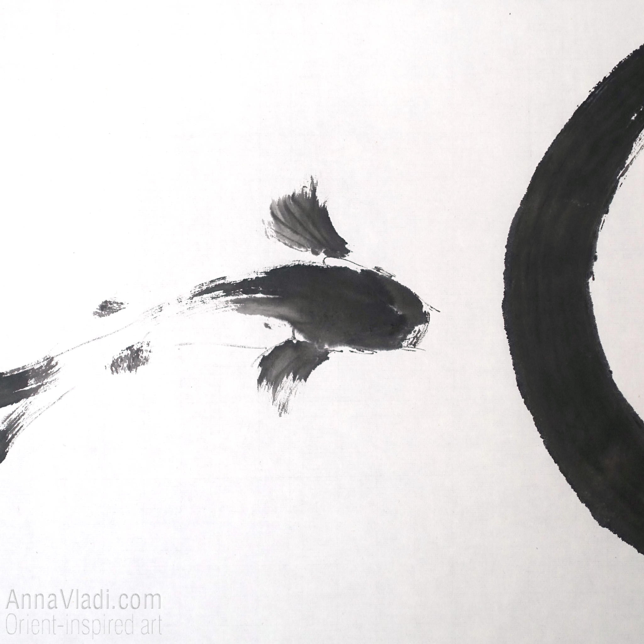 Enso Zen Circle and Two Koi Painting: Sumi-e Japanese Ink Art