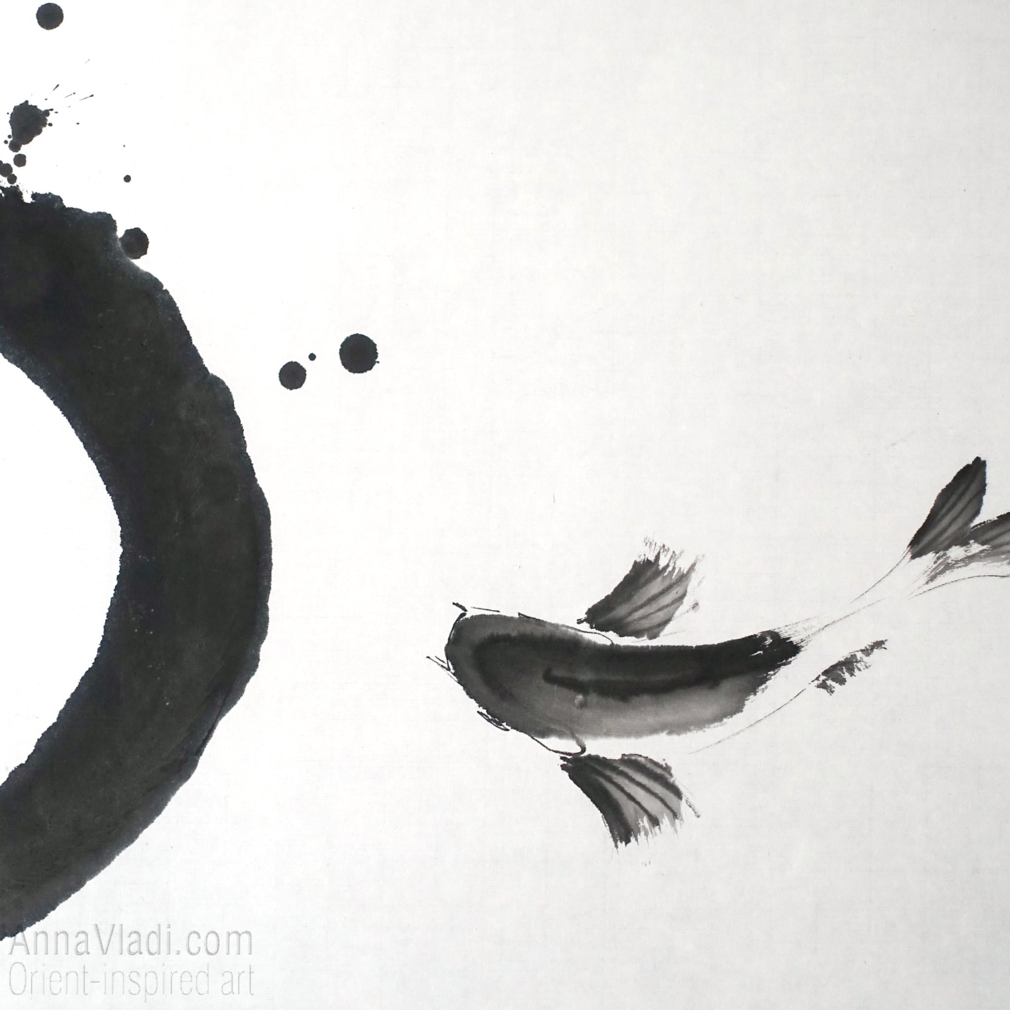 Enso Zen Circle and Two Koi Painting: Sumi-e Japanese Ink Art