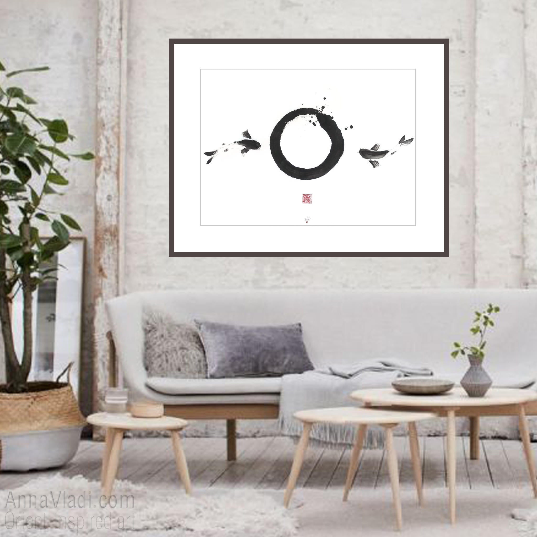 Enso Zen Circle and Two Koi Painting: Sumi-e Japanese Ink Art