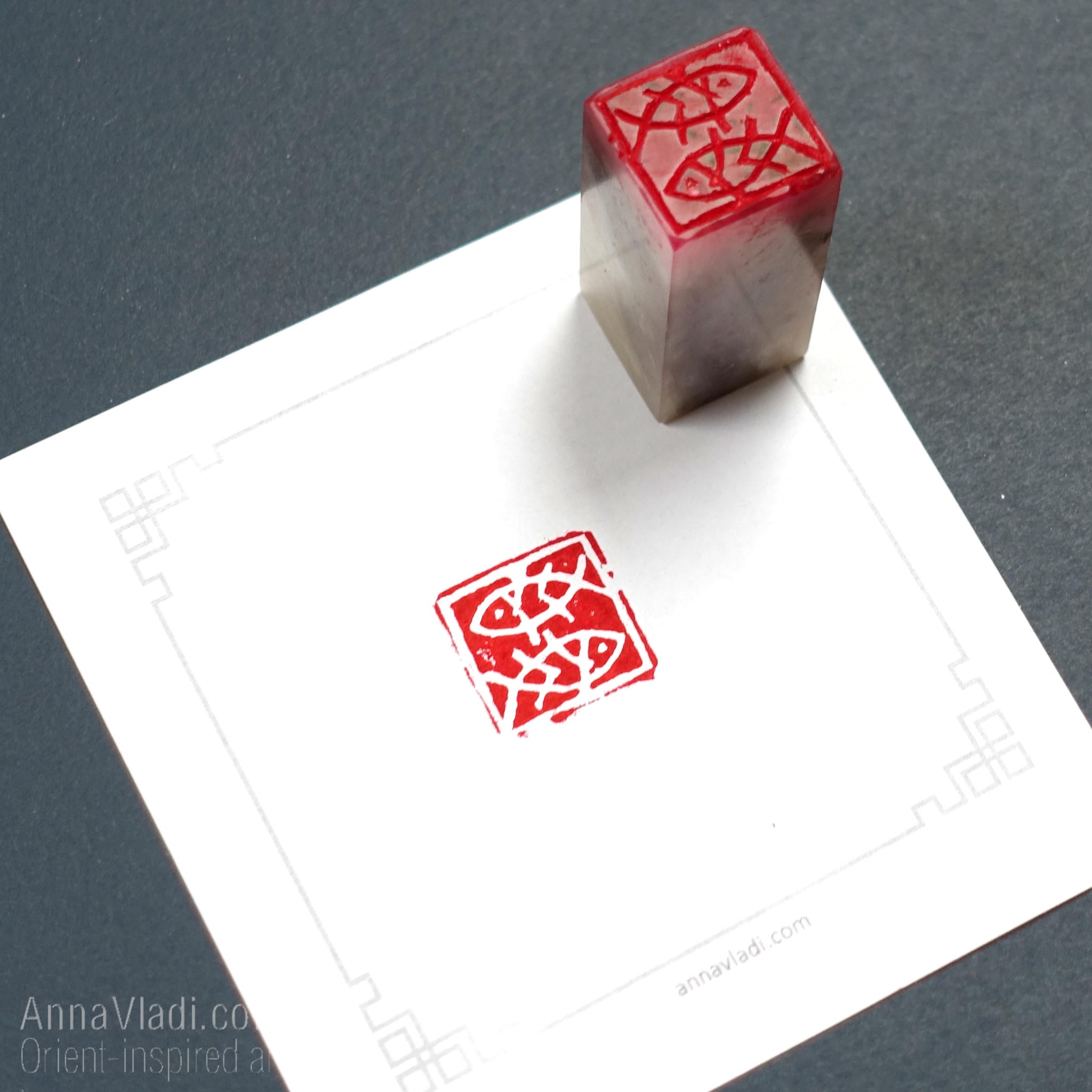 Hand Carved "Two Koi" Chop Stamp: Japanese Inkan Seal