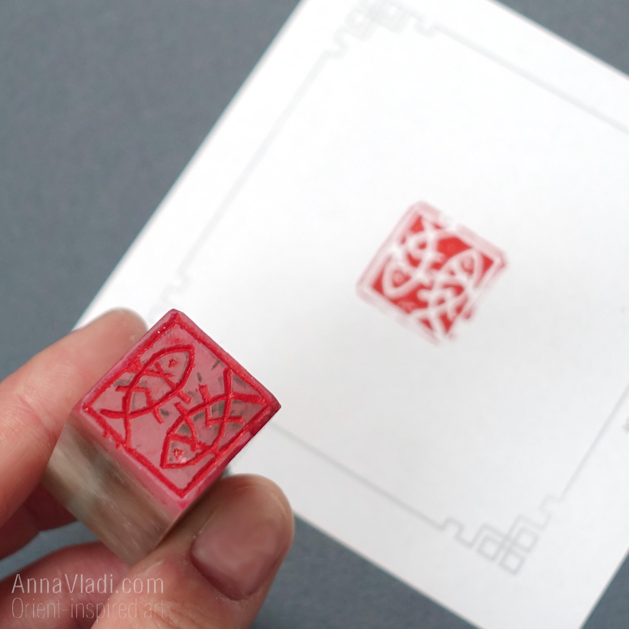 Hand Carved "Two Koi" Chop Stamp: Japanese Inkan Seal