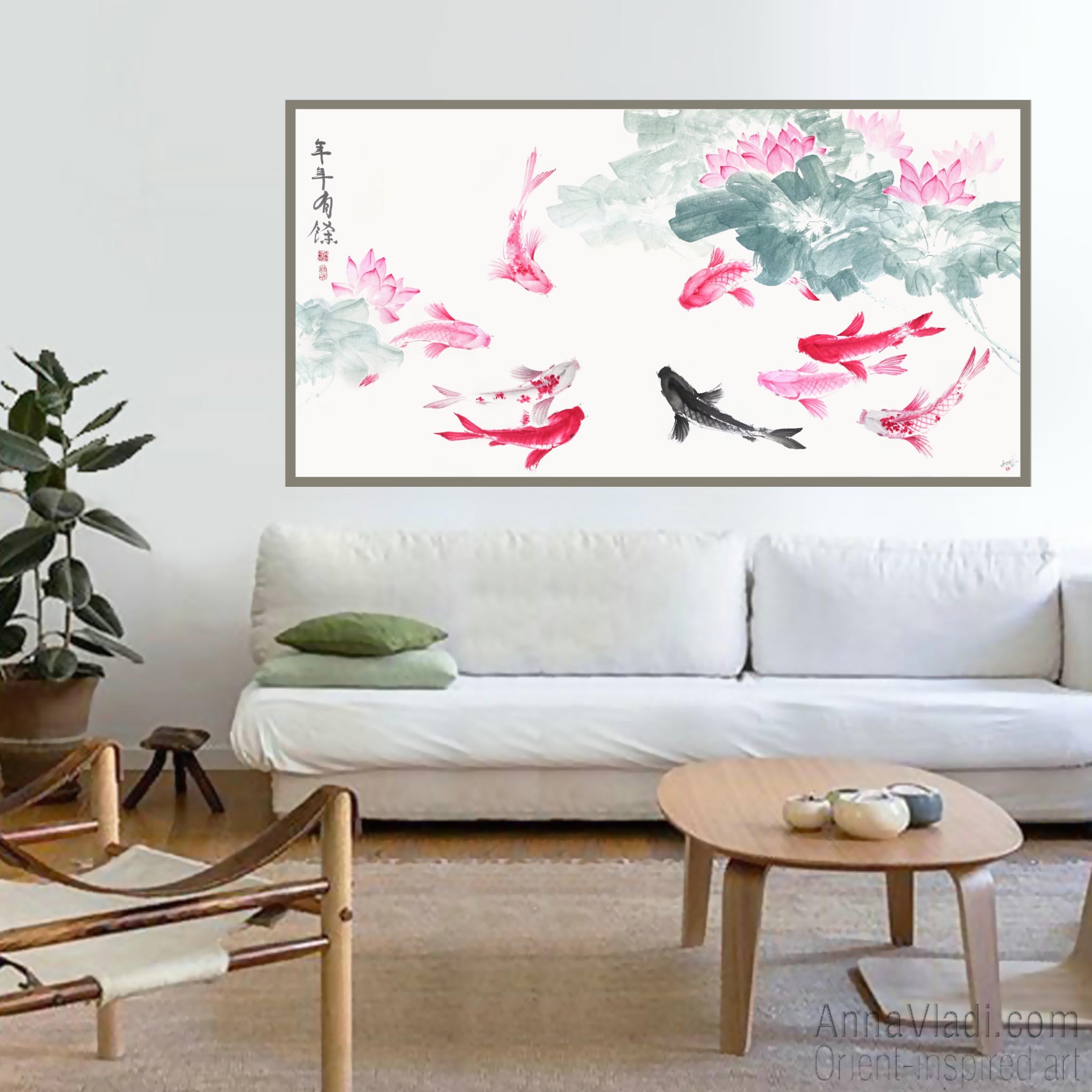 Koi Fish Sumi-e Painting: Feng Shui Lotus Flower Oriental Art