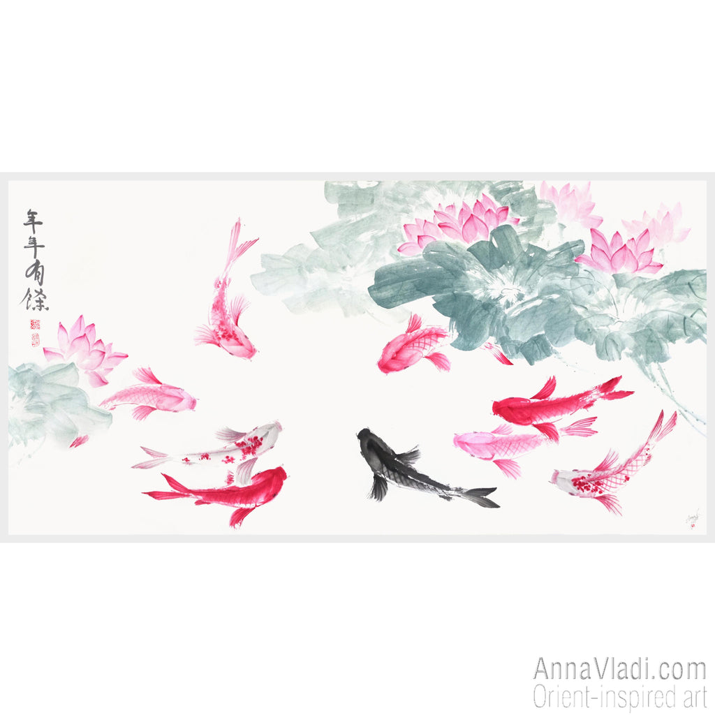 Koi Fish Sumi-e Painting: Feng Shui Lotus Flower Oriental Art
