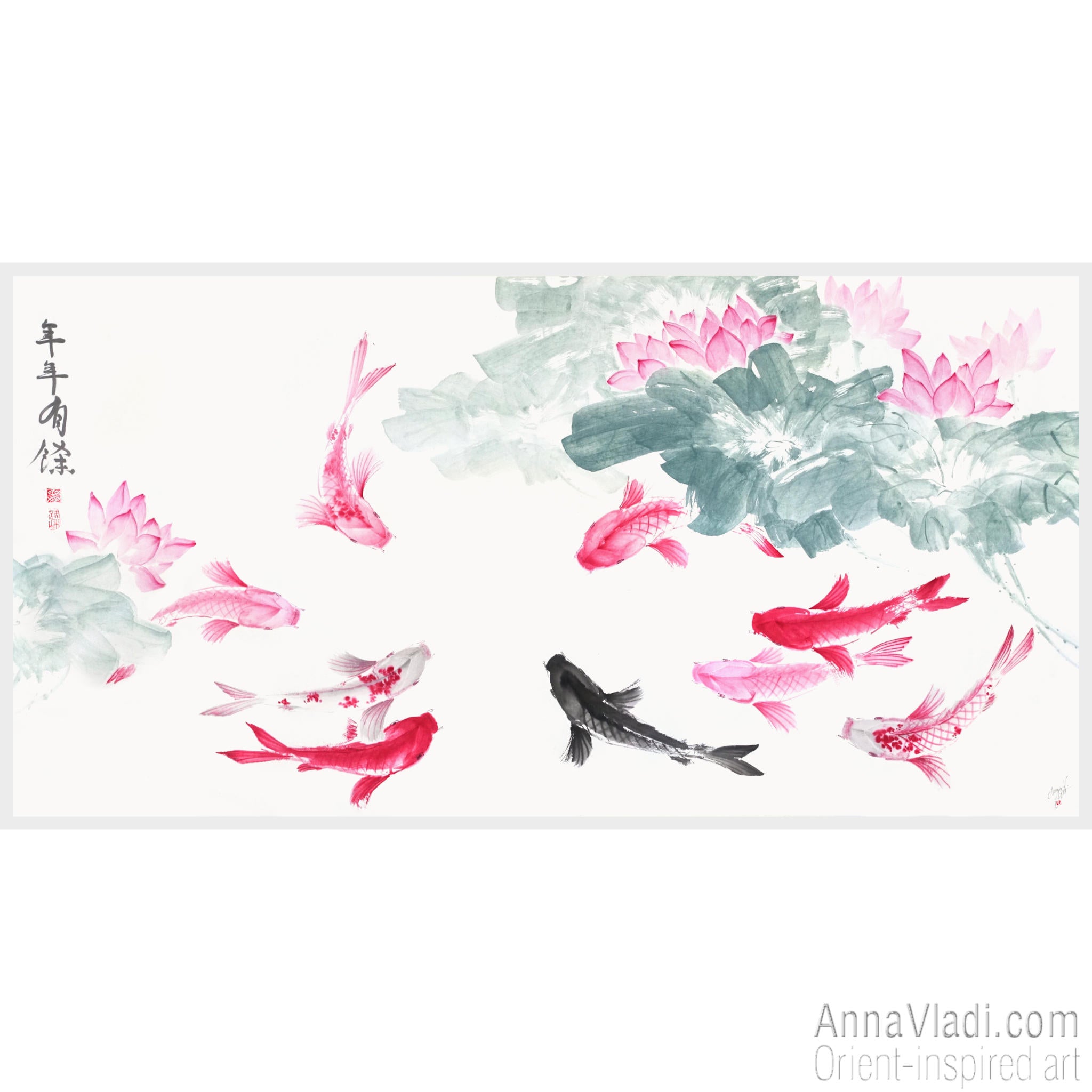 Koi Fish Sumi-e Painting: Feng Shui Lotus Flower Oriental Art