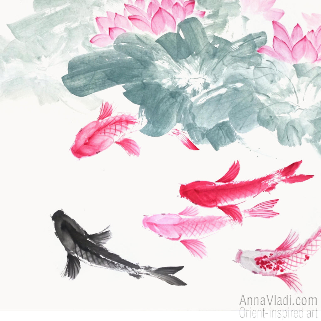 Koi Fish Sumi-e Painting: Feng Shui Lotus Flower Oriental Art