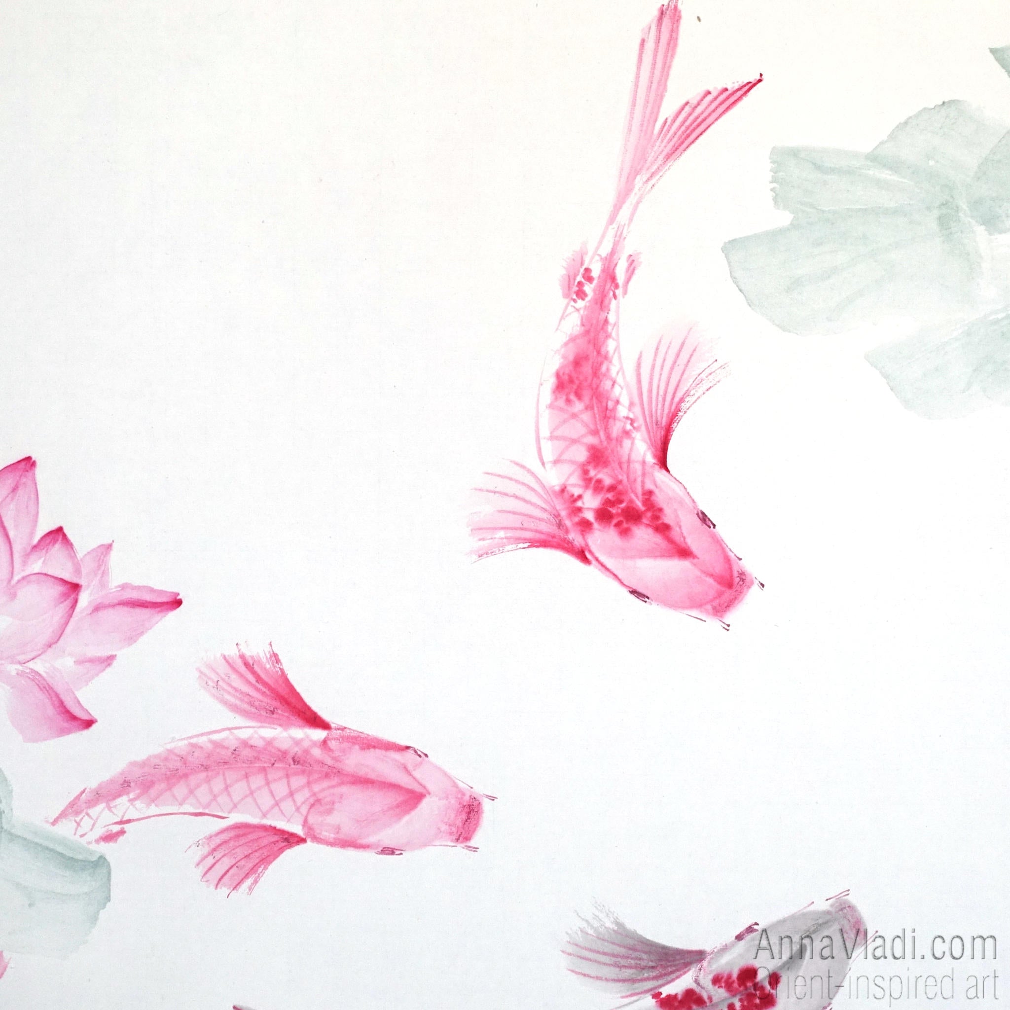 Koi Fish Sumi-e Painting: Feng Shui Lotus Flower Oriental Art