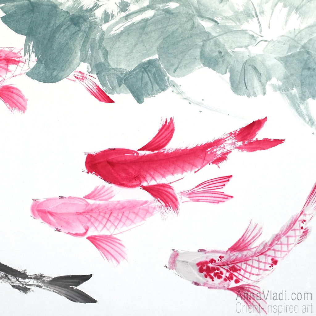 Koi Fish Sumi-e Painting: Feng Shui Lotus Flower Oriental Art