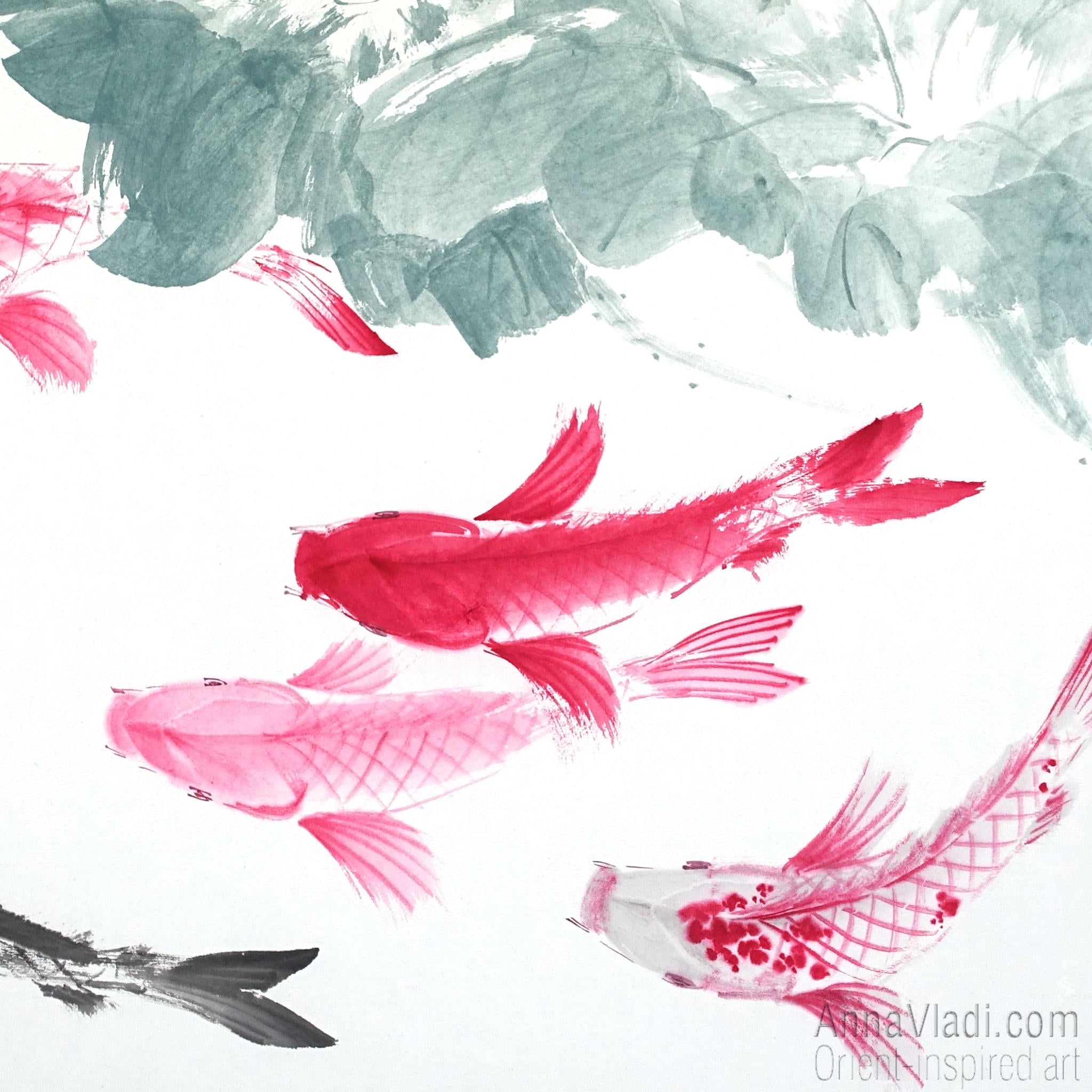 Koi Fish Sumi-e Painting: Feng Shui Lotus Flower Oriental Art
