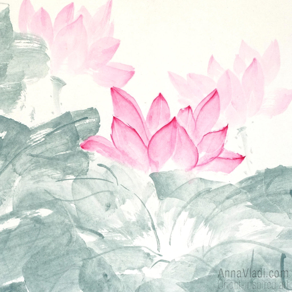 Koi Fish Sumi-e Painting: Feng Shui Lotus Flower Oriental Art