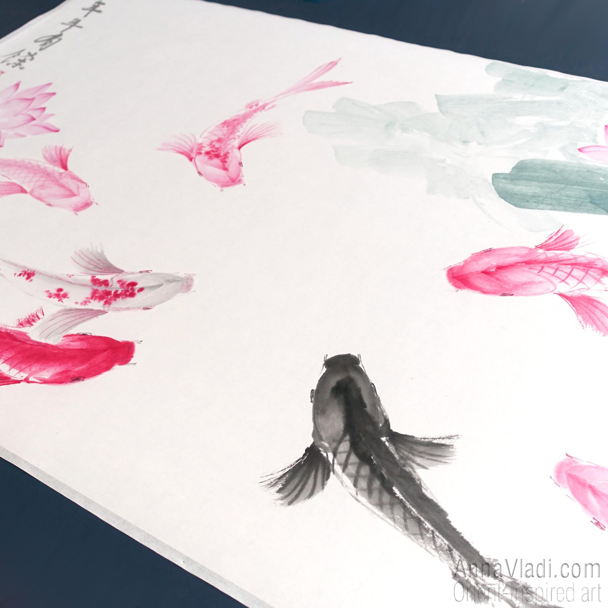 Koi Fish Sumi-e Painting: Feng Shui Lotus Flower Oriental Art