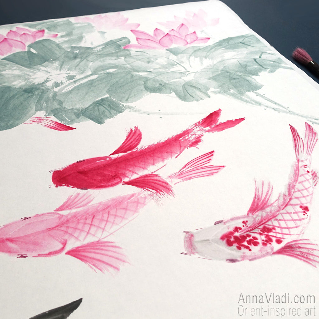 Koi Fish Sumi-e Painting: Feng Shui Lotus Flower Oriental Art