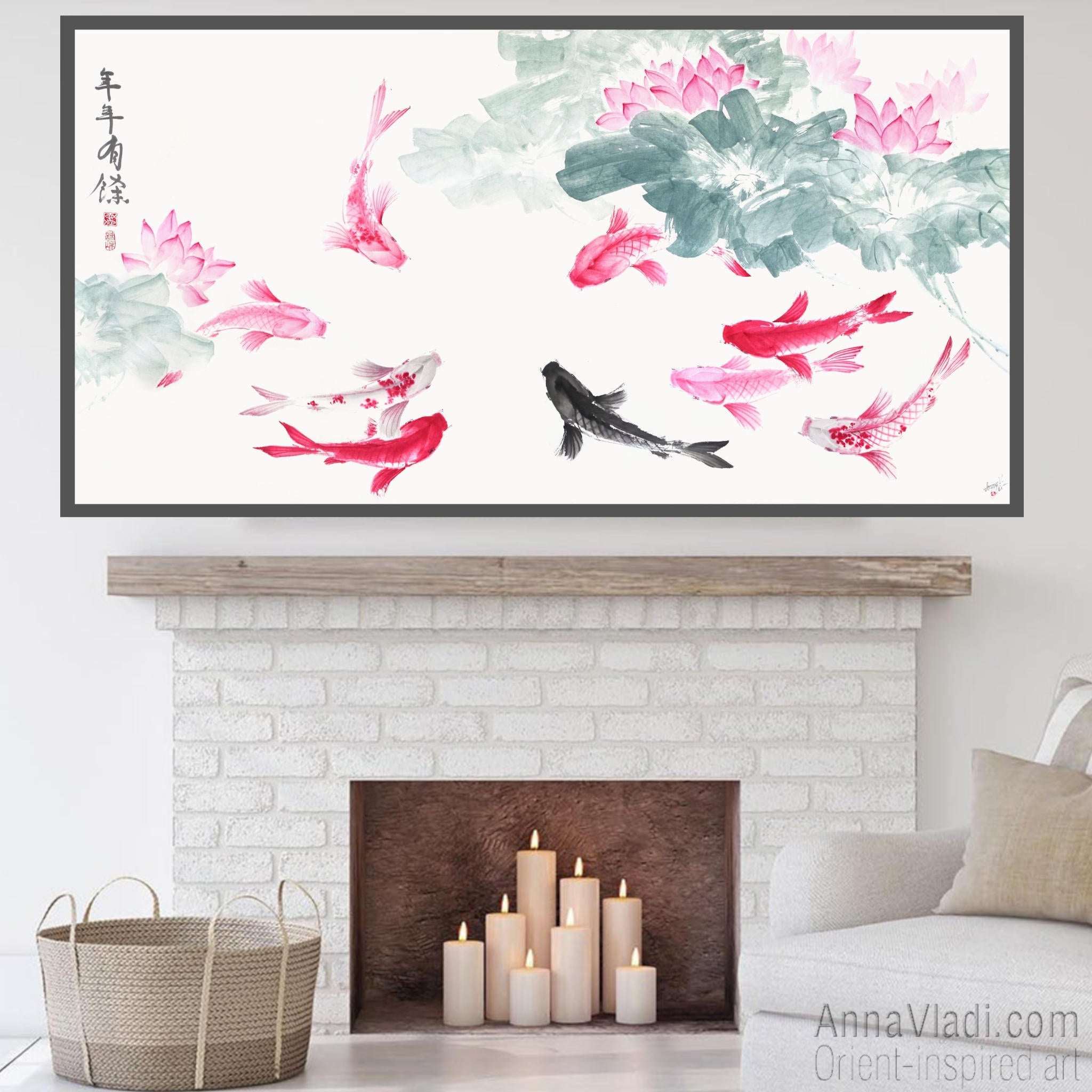 Koi Fish Sumi-e Painting: Feng Shui Lotus Flower Oriental Art