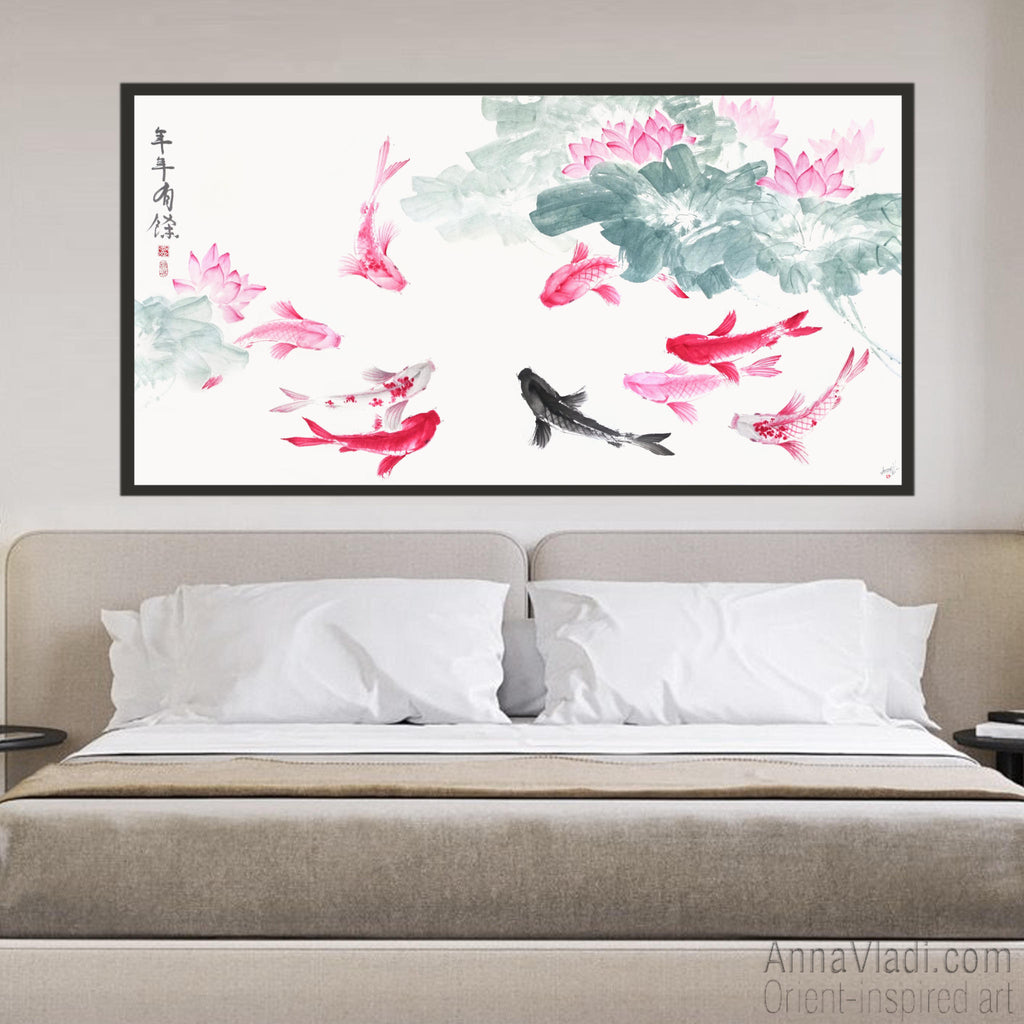 Koi Fish Sumi-e Painting: Feng Shui Lotus Flower Oriental Art