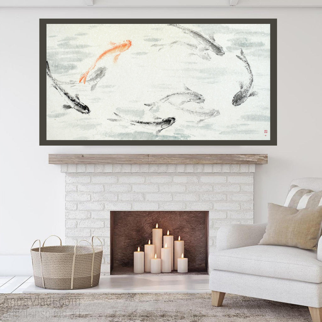 9 Koi — original Feng Shui painting of nine koi in a pond, Oriental sumi-e art, Japanese wall decor, large wall art