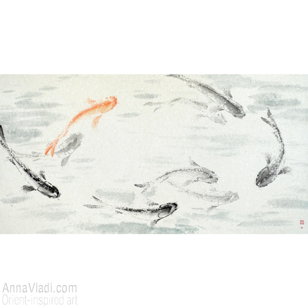9 Koi — original Feng Shui painting of nine koi in a pond, Oriental sumi-e art, Japanese wall decor, large wall art