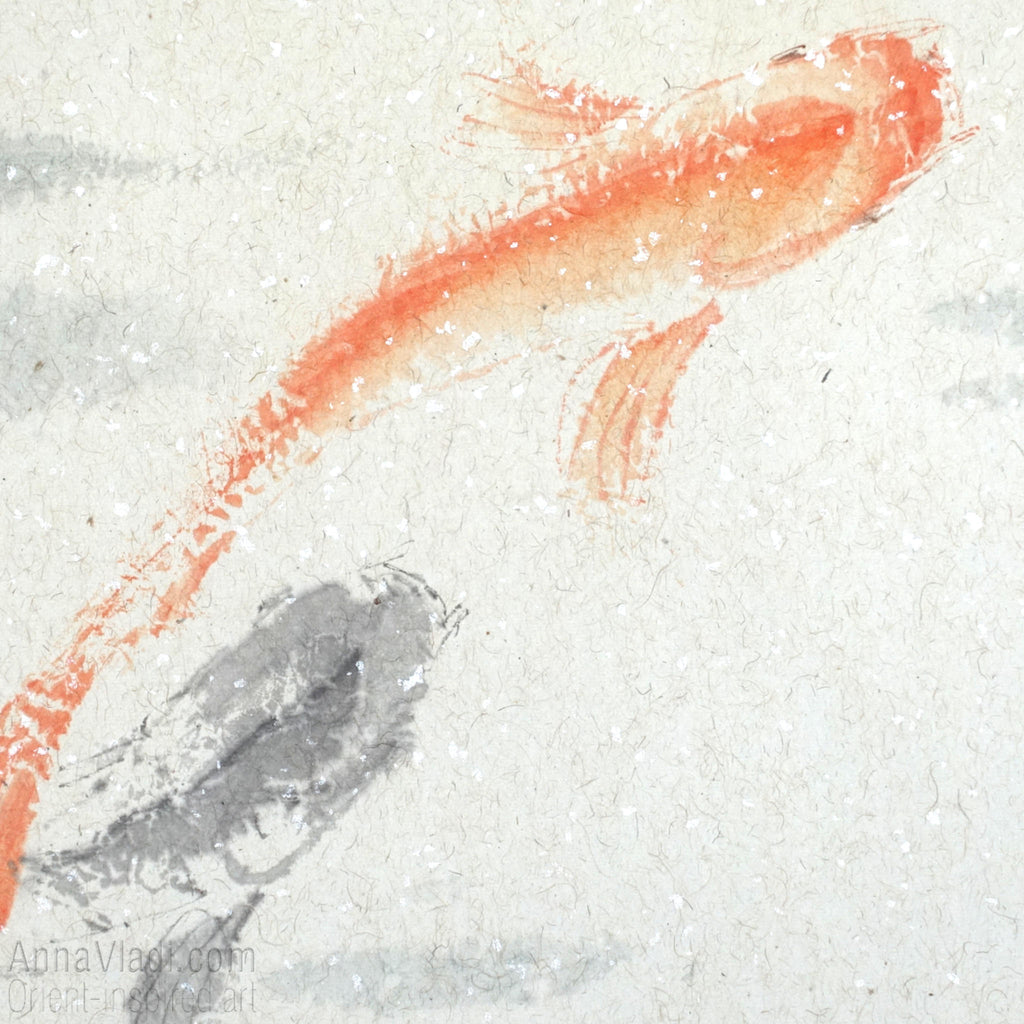 9 Koi — original Feng Shui painting of nine koi in a pond, Oriental sumi-e art, Japanese wall decor, large wall art