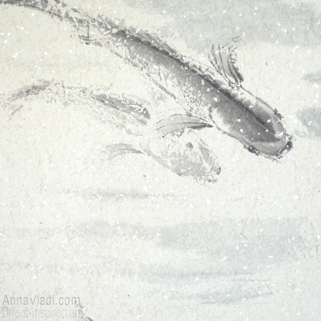 9 Koi — original Feng Shui painting of nine koi in a pond, Oriental sumi-e art, Japanese wall decor, large wall art