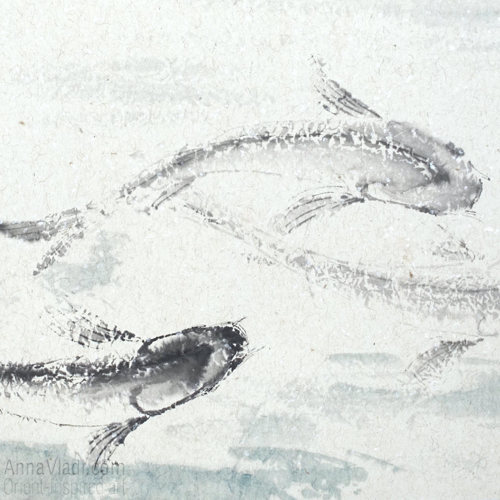 9 Koi — original Feng Shui painting of nine koi in a pond, Oriental sumi-e art, Japanese wall decor, large wall art