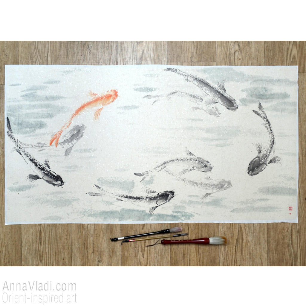 9 Koi — original Feng Shui painting of nine koi in a pond, Oriental sumi-e art, Japanese wall decor, large wall art