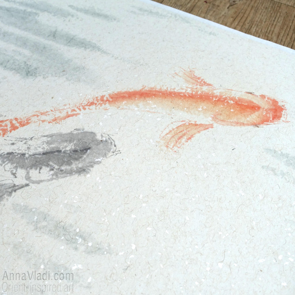 9 Koi — original Feng Shui painting of nine koi in a pond, Oriental sumi-e art, Japanese wall decor, large wall art