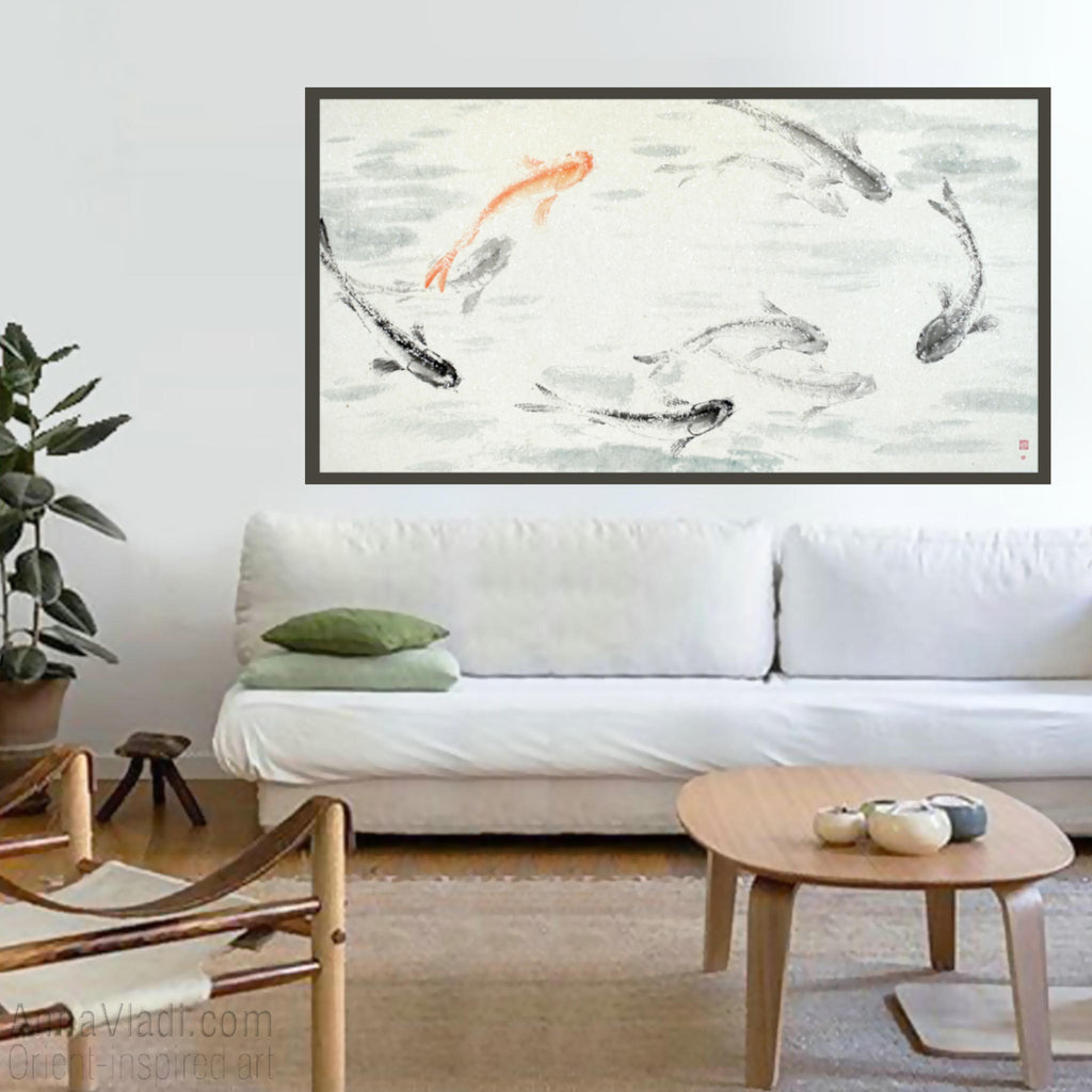 9 Koi — original Feng Shui painting of nine koi in a pond, Oriental sumi-e art, Japanese wall decor, large wall art